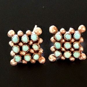 Turquoise and Silver Zuni Earrings, ½ inch square